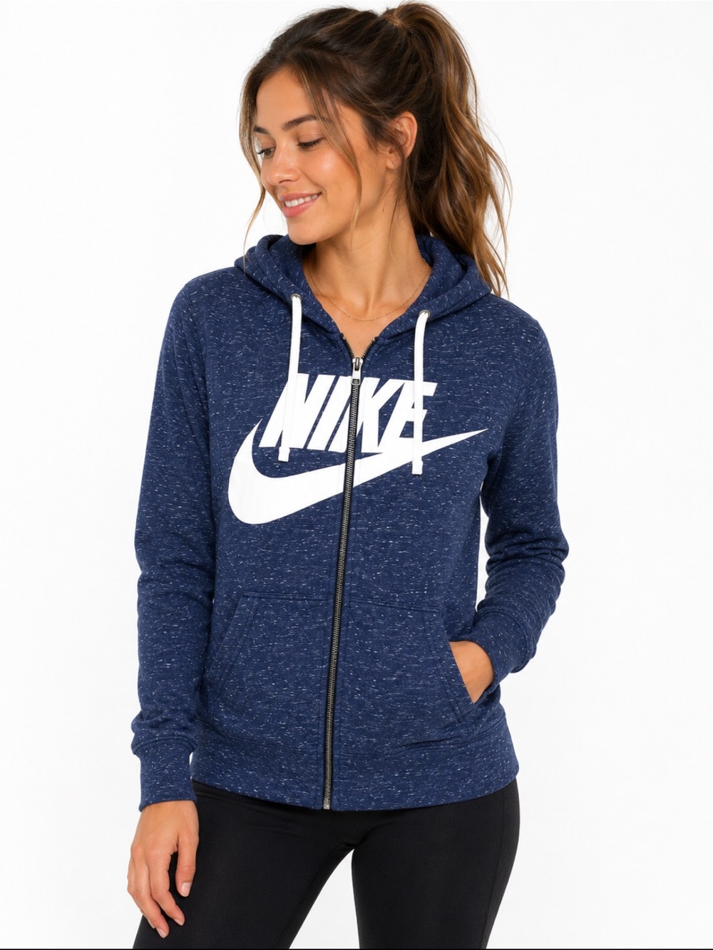 Nike Women’s Full Zip Hoodie Medium Blue Speckled Logo Sweatshirt Casual Y2K